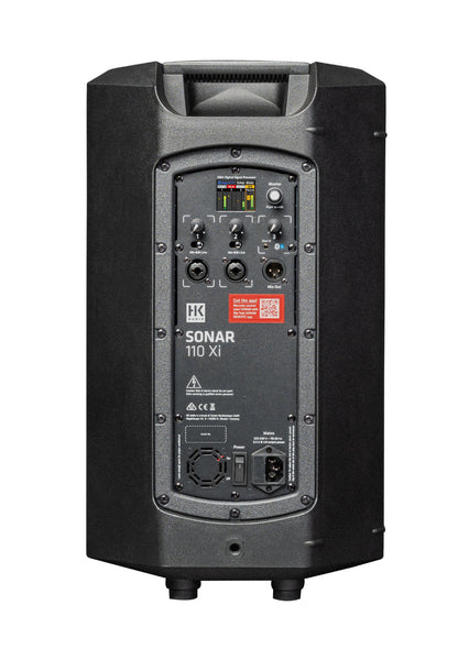 Rear view of black speaker with 'Sonar' branding and sound controls on a white background