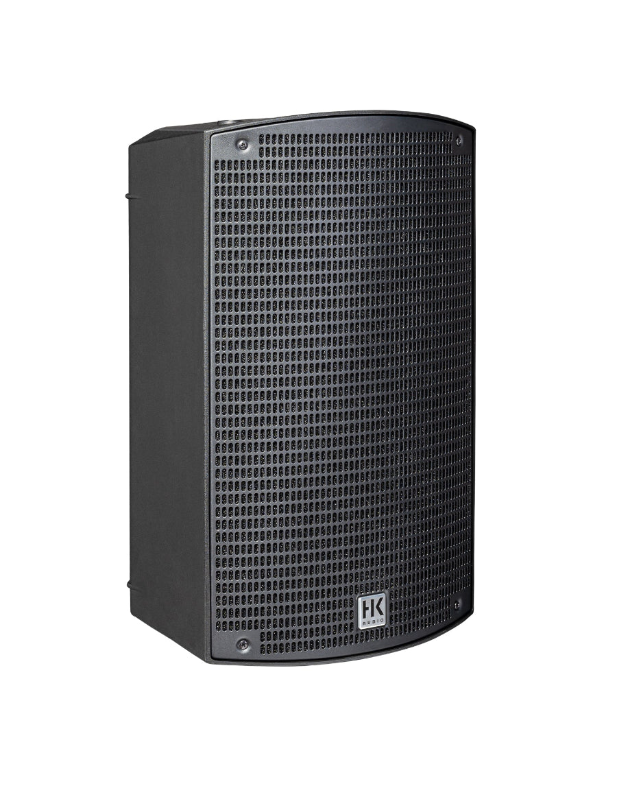 Black speaker with grille on a white background