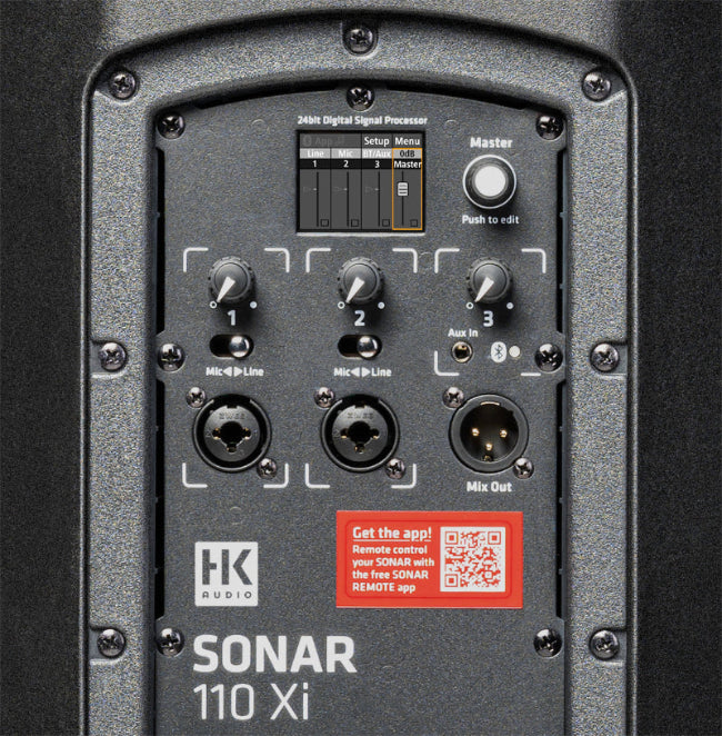 Control panel of an HK Audio SONAR 110 Xi speaker with various knobs and a display.