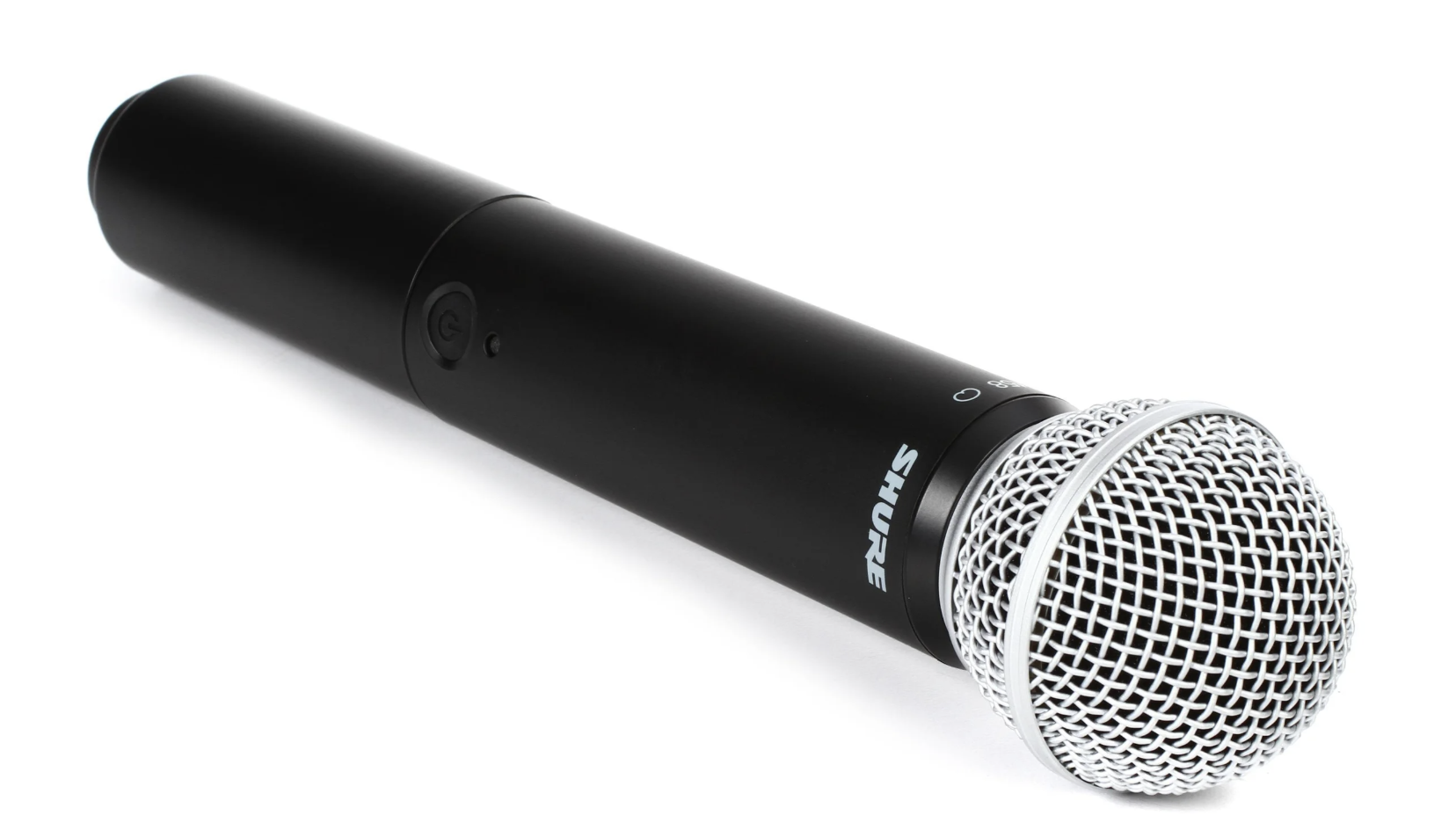 Angled view of Shure BLX2/SM58 H11 wireless handheld microphone transmitter