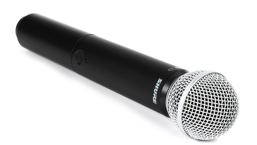 Angled view of Shure BLX2/SM58 H11 wireless handheld microphone transmitter