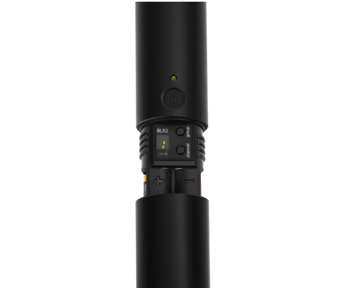 Shure BLX2 SM58 wireless handheld transmitter with battery compartment, group, channel, and gain controls