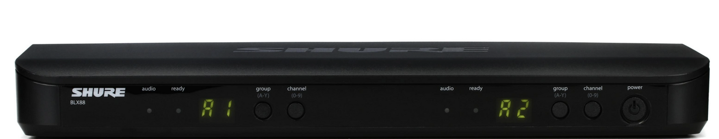 Front panel of Shure BLX88 dual-channel wireless receiver with group and channel controls