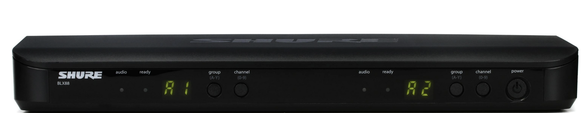Front panel of Shure BLX88 dual-channel wireless receiver with group and channel controls