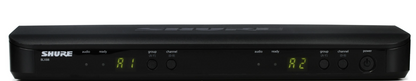 Front panel of Shure BLX88 dual-channel wireless receiver with group and channel controls