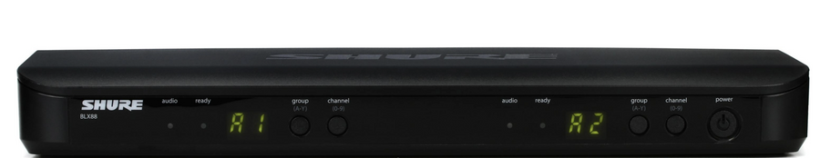Front panel of Shure BLX88 dual-channel wireless receiver with group and channel controls