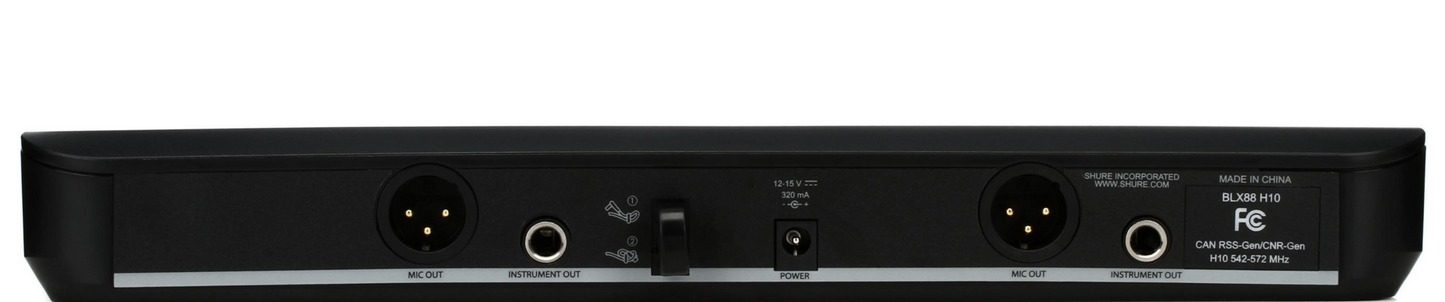 Rear panel of Shure BLX88 H11 receiver with two XLR outputs, two quarter-inch outputs, and power input