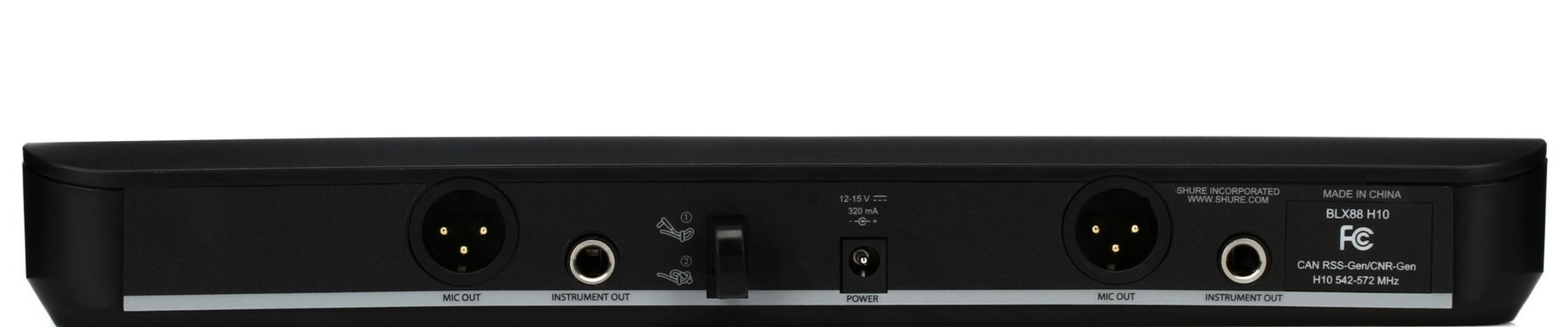 Rear panel of Shure BLX88 H11 receiver with two XLR outputs, two quarter-inch outputs, and power input