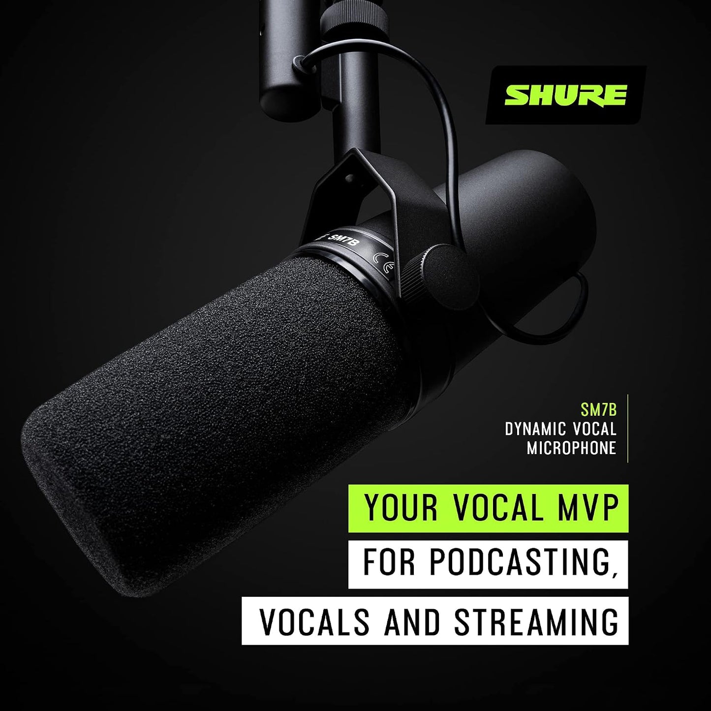 Shure SM7B dynamic vocal microphone on a black background with Shure branding.