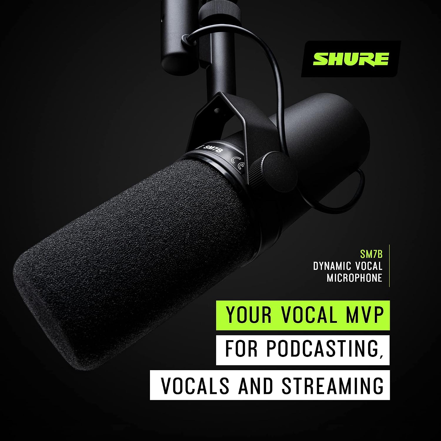 Shure SM7B dynamic vocal microphone on a black background with Shure branding.