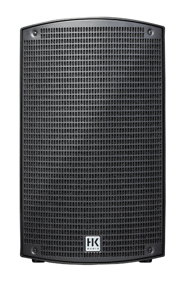 Black speaker with grille and HK logo on a white background