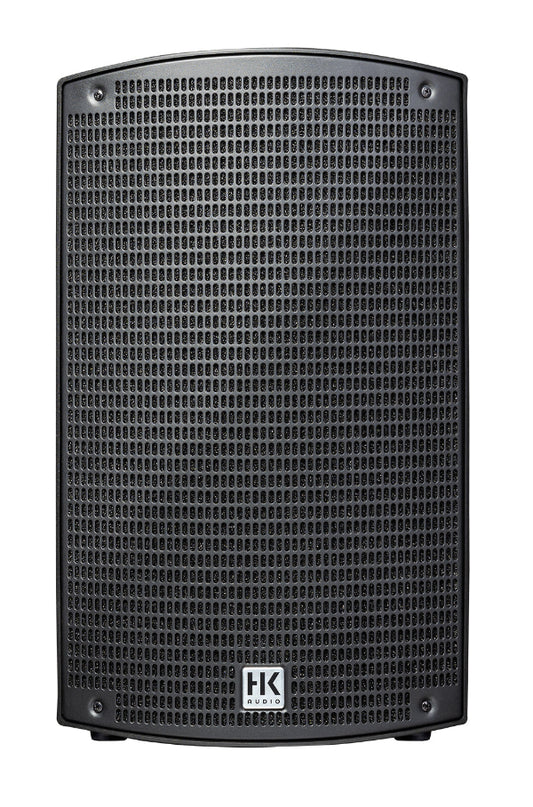 Black speaker with grille and HK logo on a white background