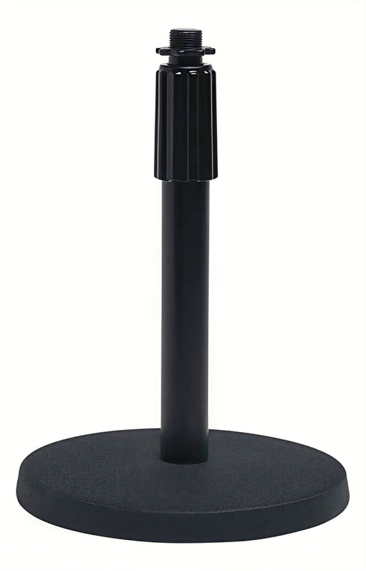 Stageline DS70BK black desktop microphone stand with weighted sand-cast base and 8.75–13.5 inch height
