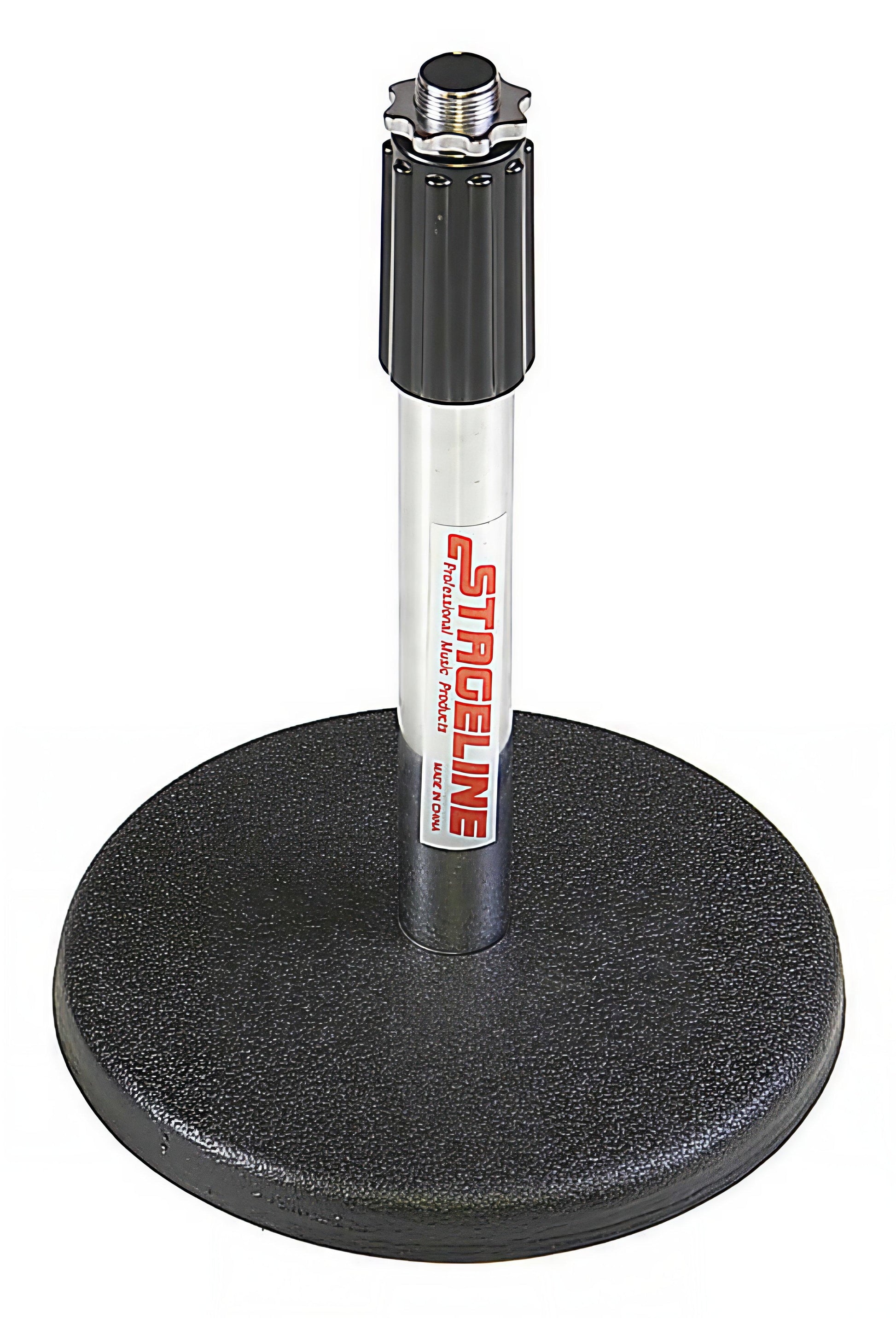 Close up of Stageline DS70 chrome desktop mic stand with weighted base, 5/8 - 27 threads