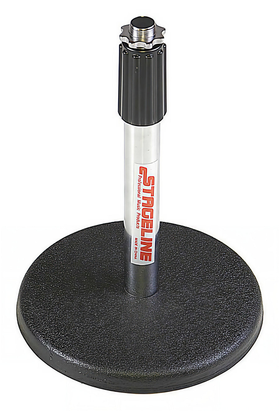 Close up of Stageline DS70 chrome desktop mic stand with weighted base, 5/8 - 27 threads