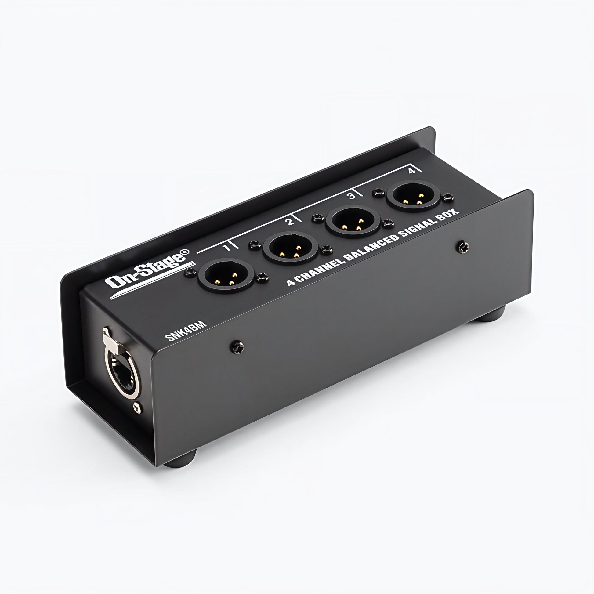 On-Stage SNK4BM 4-ch snake box—four XLR-M to RJ45, angled view