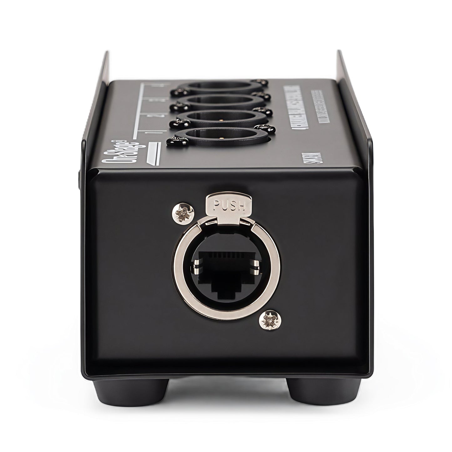 SNK4BM rear—RJ45/EtherCON-style jack and rubber feet, close-up