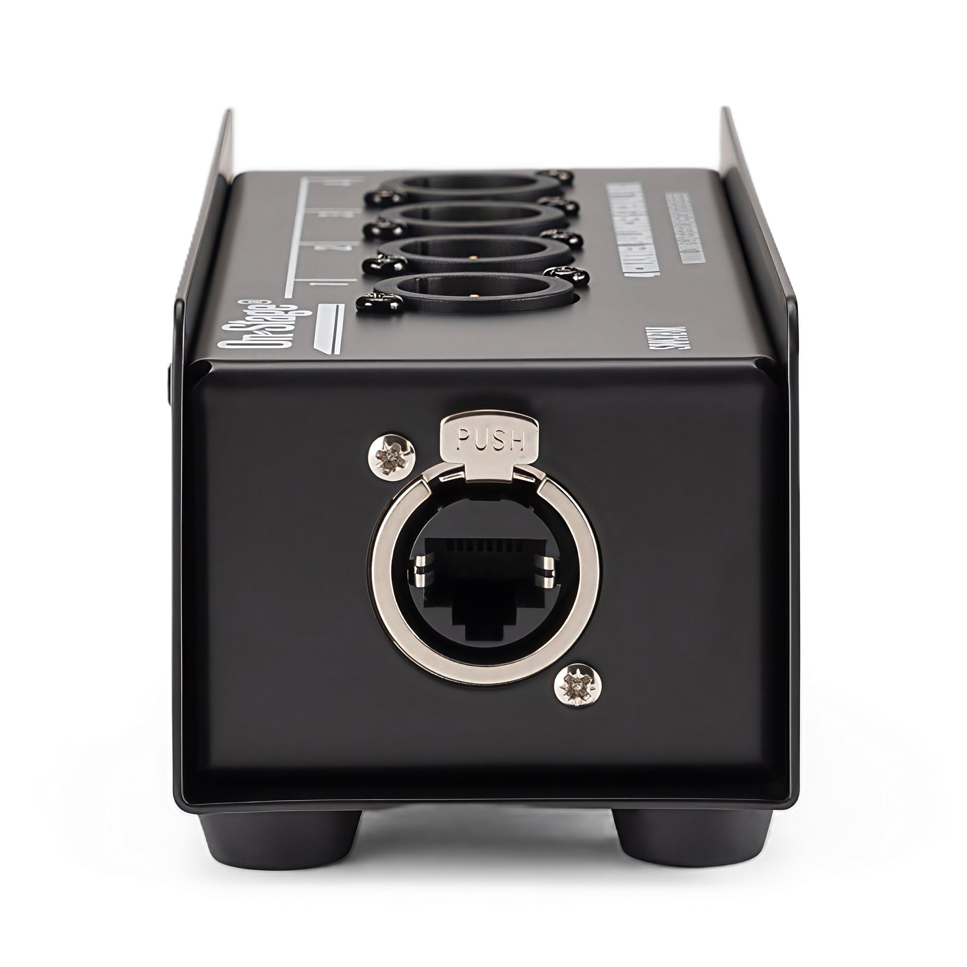 SNK4BM rear—RJ45/EtherCON-style jack and rubber feet, close-up