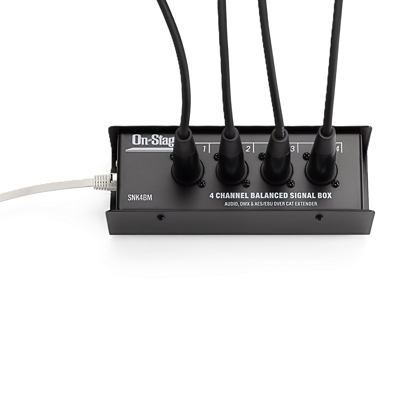 Front view—SNK4BM with four labeled XLR-M channels (1–4) plugged in