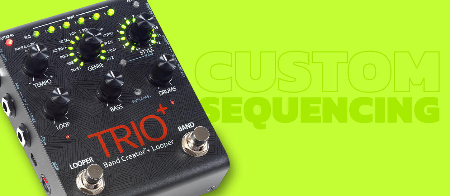 DigiTech TRIO+ pedal controls for genres, styles, loops, bass, and drums