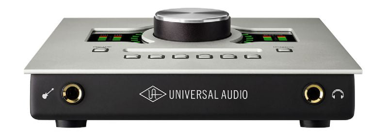 Front profile of Universal Audio Apollo Twin X audio interface with instrument and headphone inputs