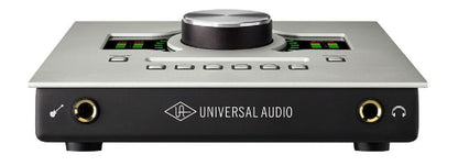 Front profile of Universal Audio Apollo Twin X audio interface with instrument and headphone inputs