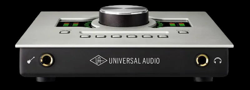 Front profile of Universal Audio Apollo Twin X audio interface with instrument and headphone inputs