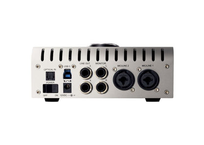 Rear panel of Apollo Twin X showing USB, optical, monitor outs, and mic/line combo inputs