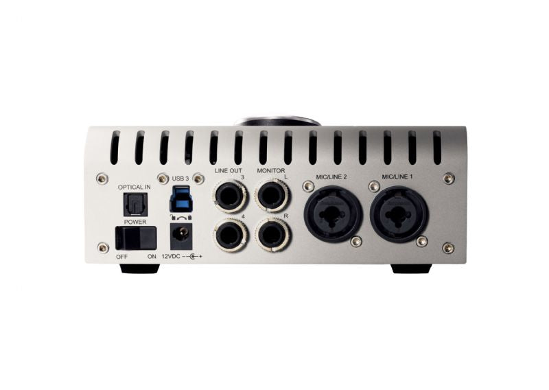 Rear panel of Apollo Twin X showing USB, optical, monitor outs, and mic/line combo inputs