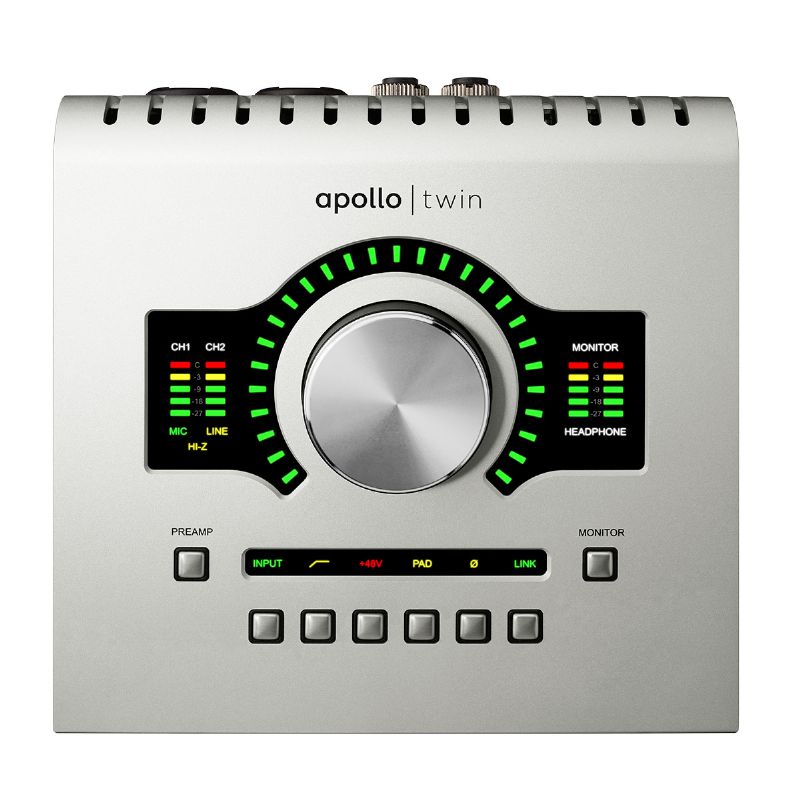 Top view of Apollo Twin X interface with gain knob, LED meters, and channel controls