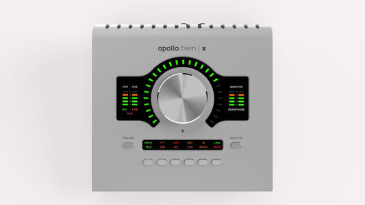Audio interface with 'Apollo Twin X' branding on a white background