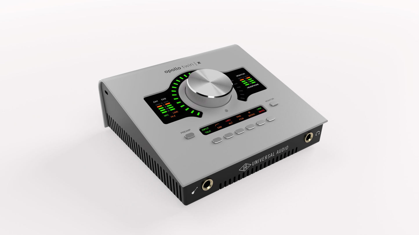 Audio interface with knobs and display on a white background