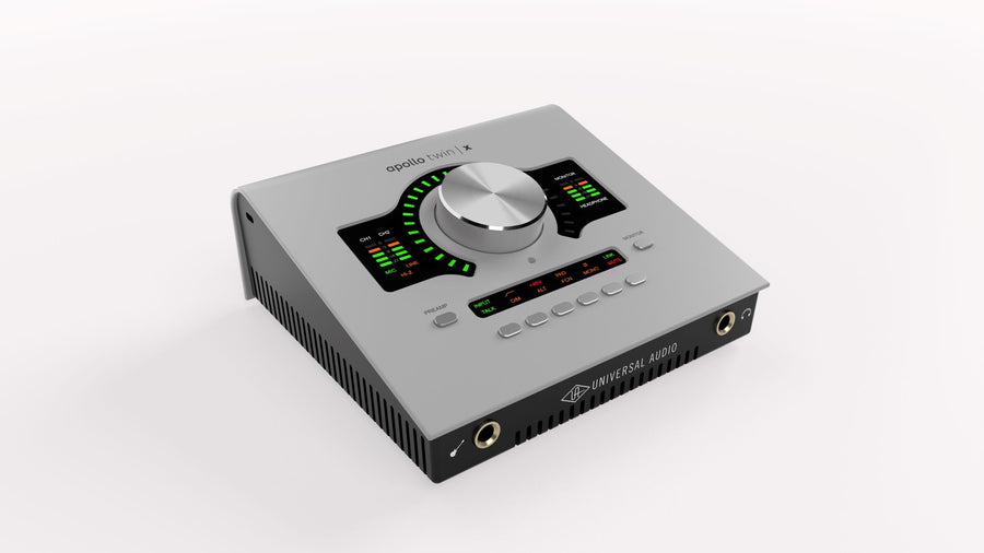 Audio interface with knobs and display on a white background