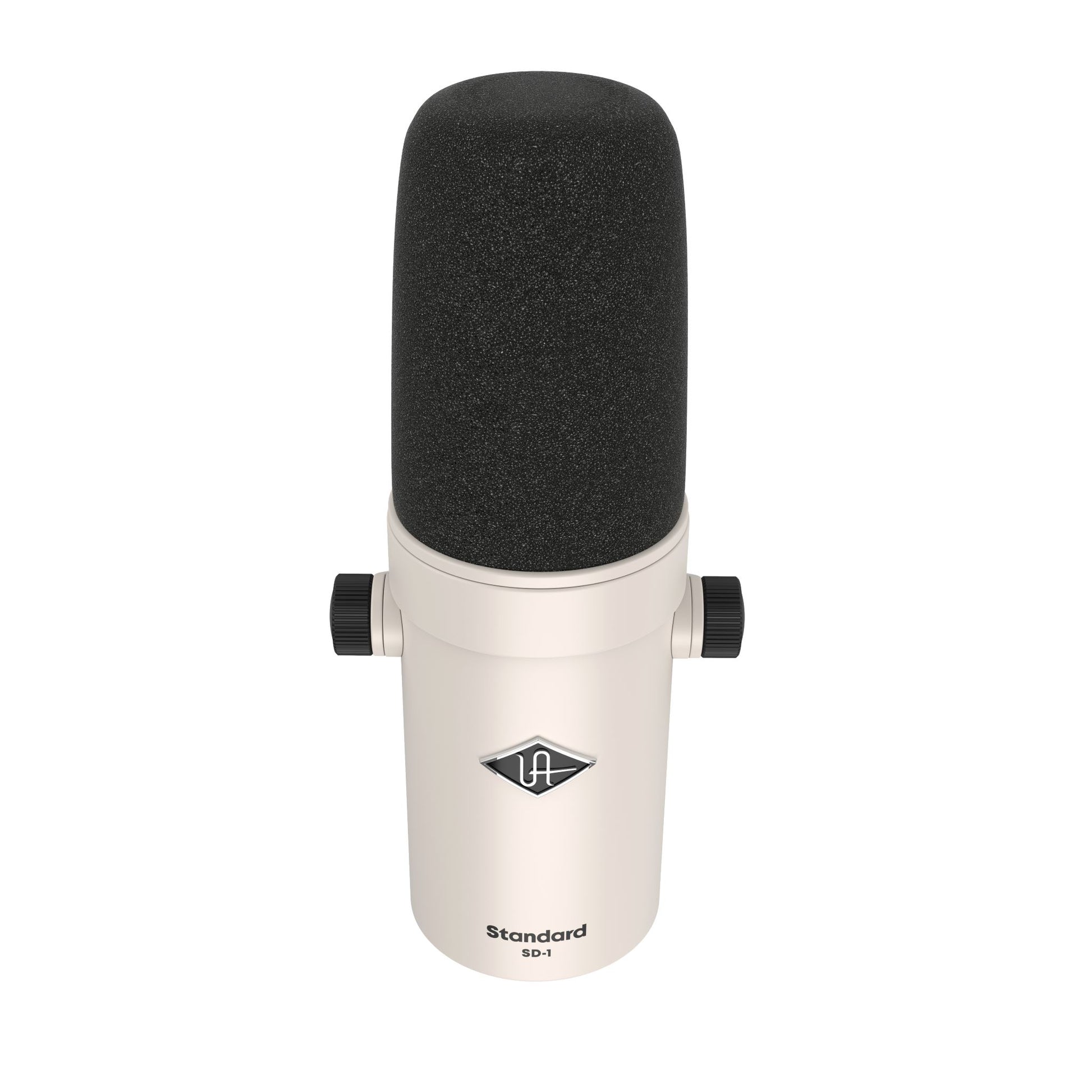 Microphone with foam cover on a white background