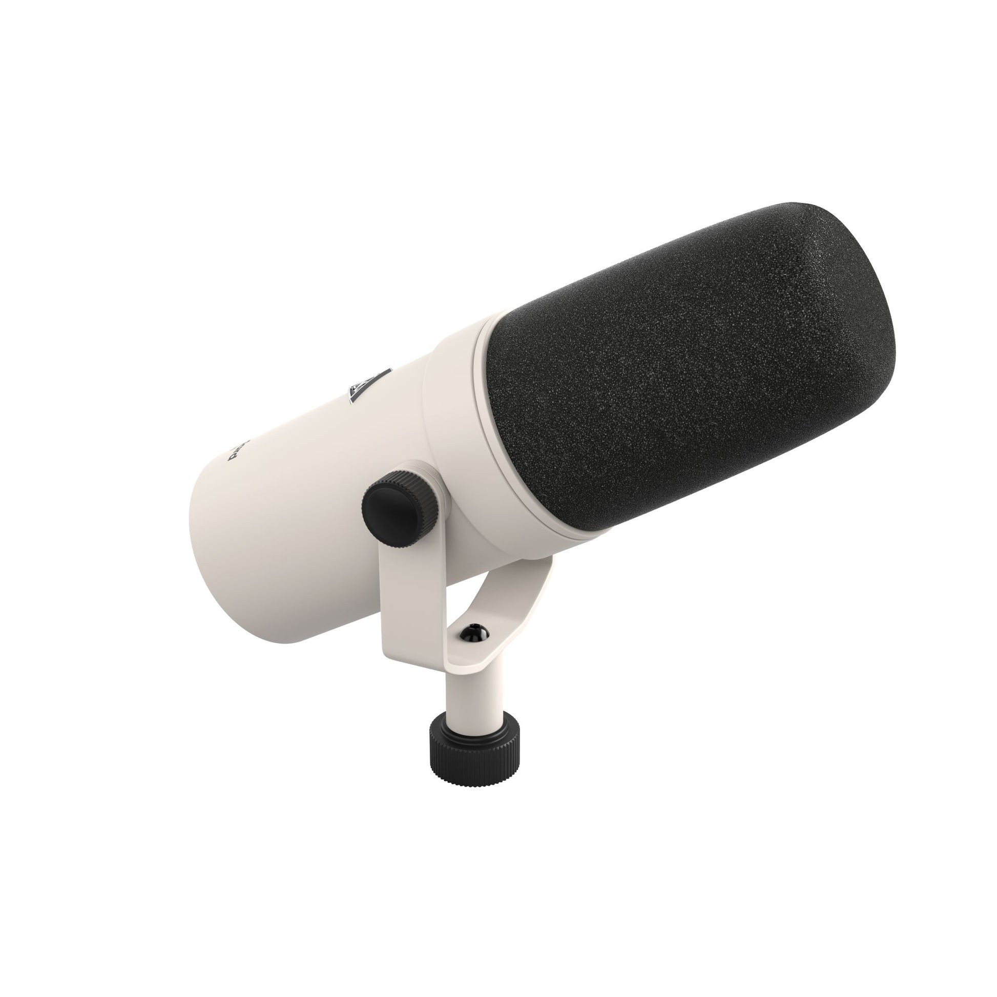 White studio microphone with black foam cover on a white background