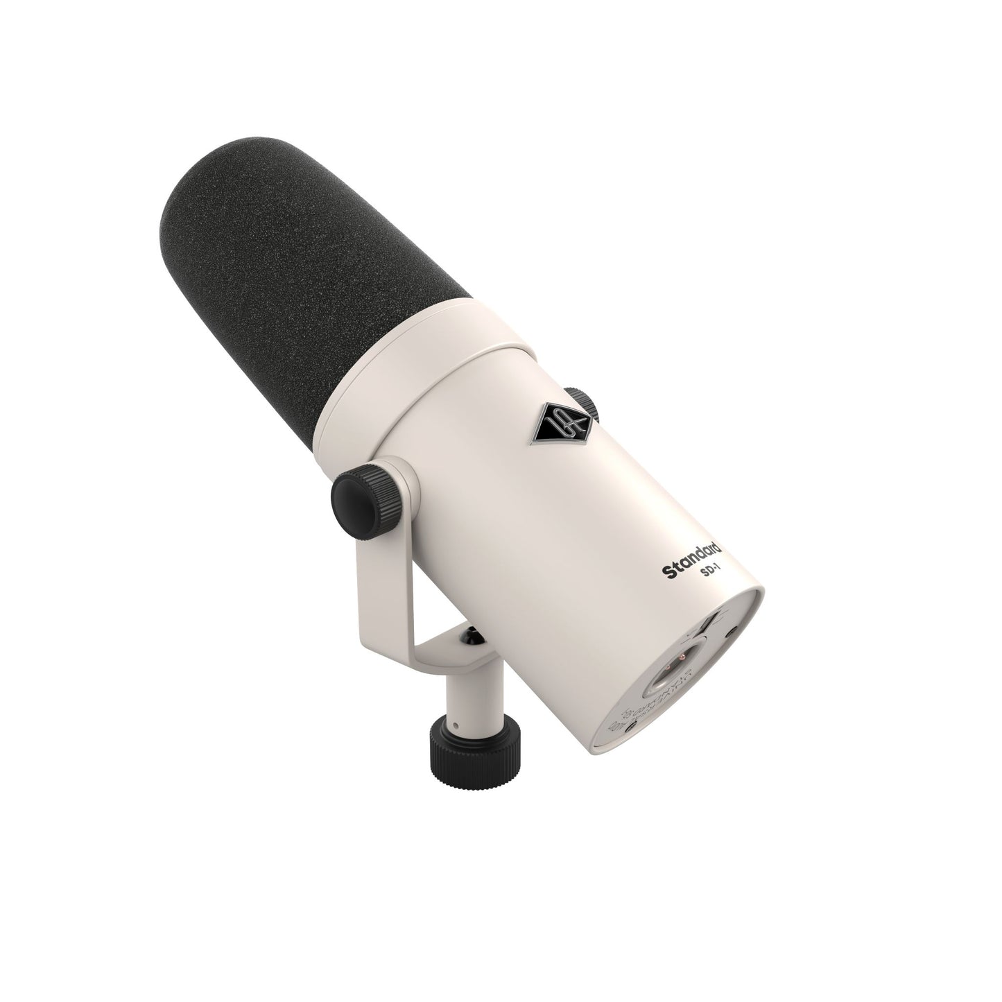 White microphone with black foam cover on a white background
