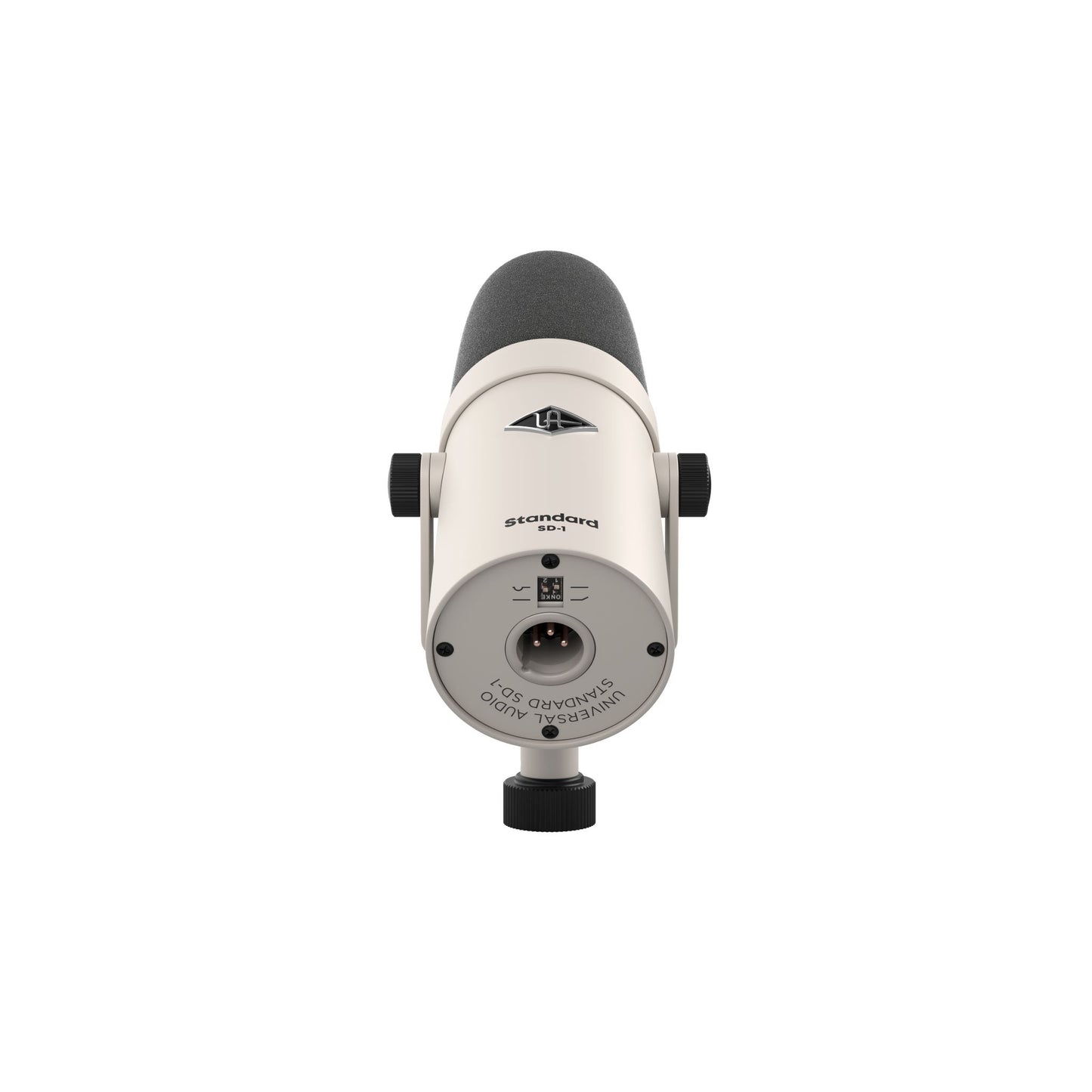 White and black microphone with rear XLR connection on a white background