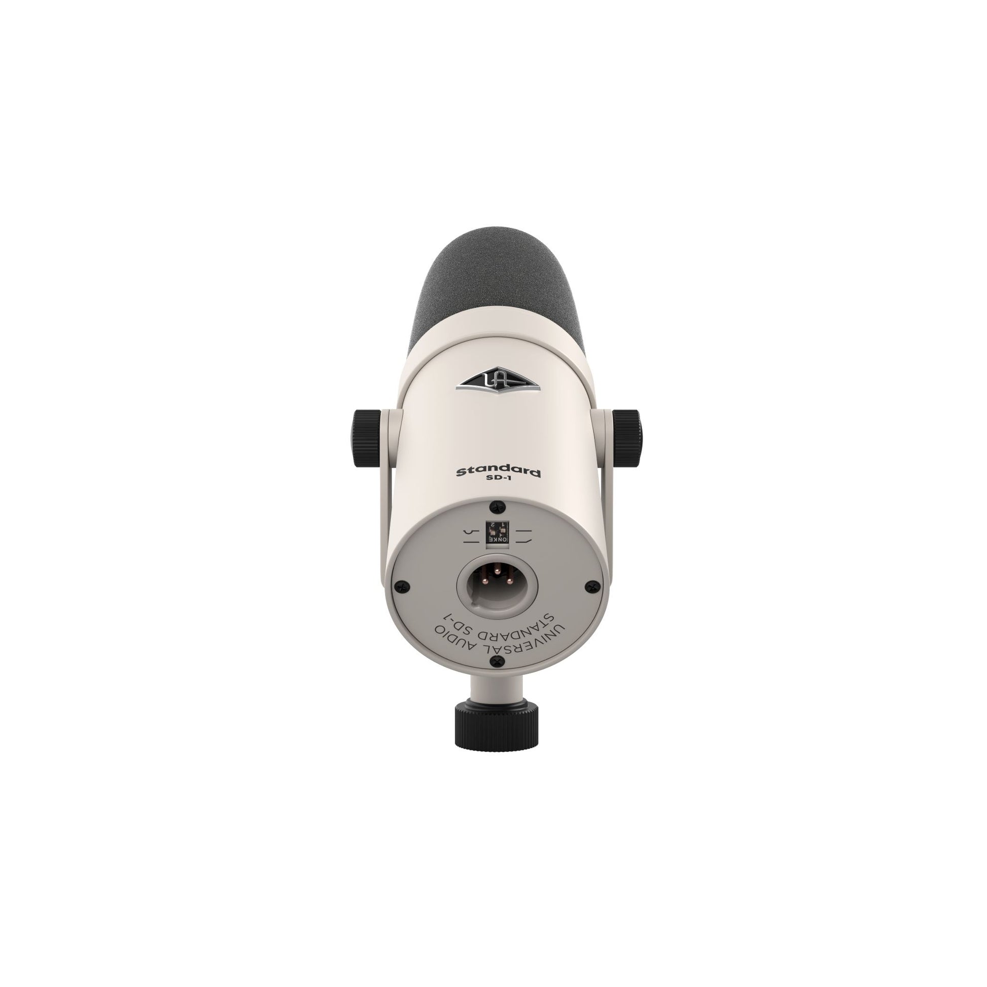 White and black microphone with rear XLR connection on a white background