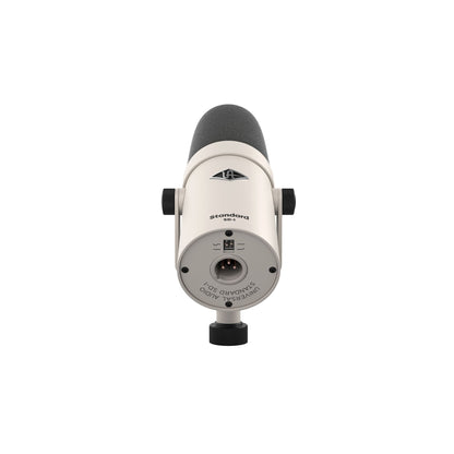 White and black microphone with rear XLR connection on a white background
