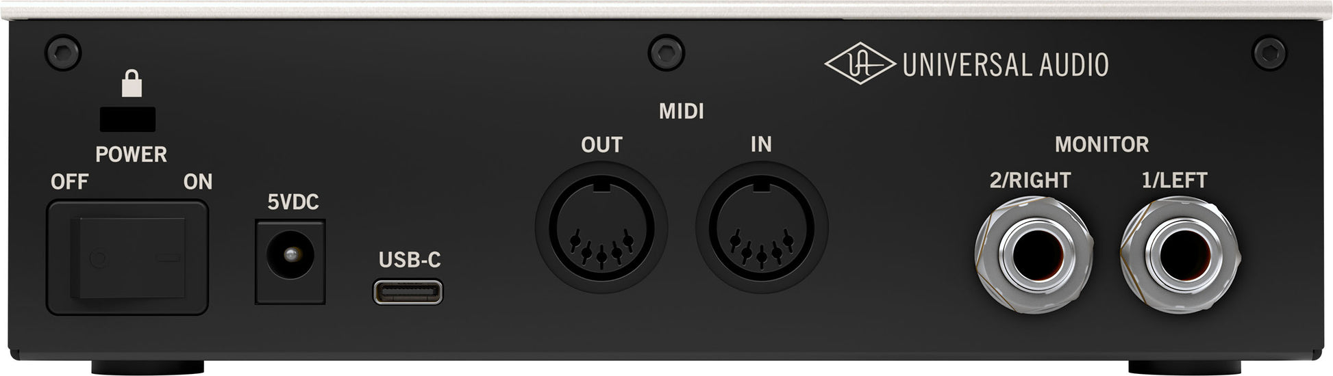 Back panel of a Universal Audio audio interface with various connectors.