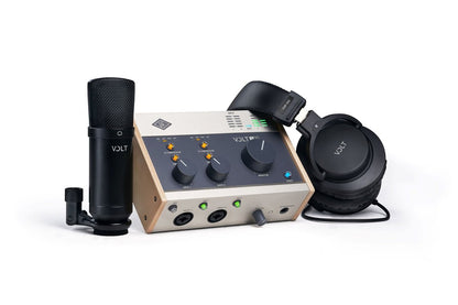 USB audio interface with bundled microphone and headphones.