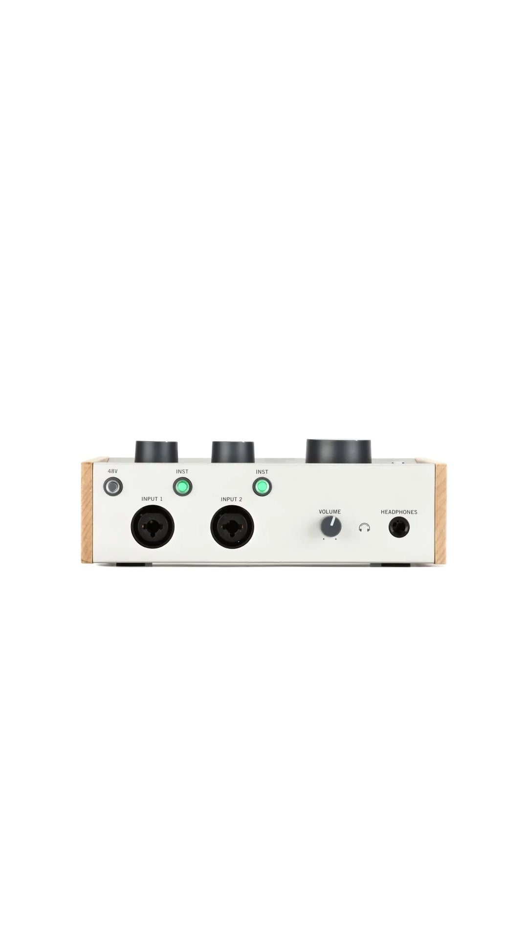 Front view of Universal Audio Volt interface showing inputs and control knobs.
