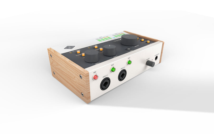 Audio interface with knobs and ports on a white background