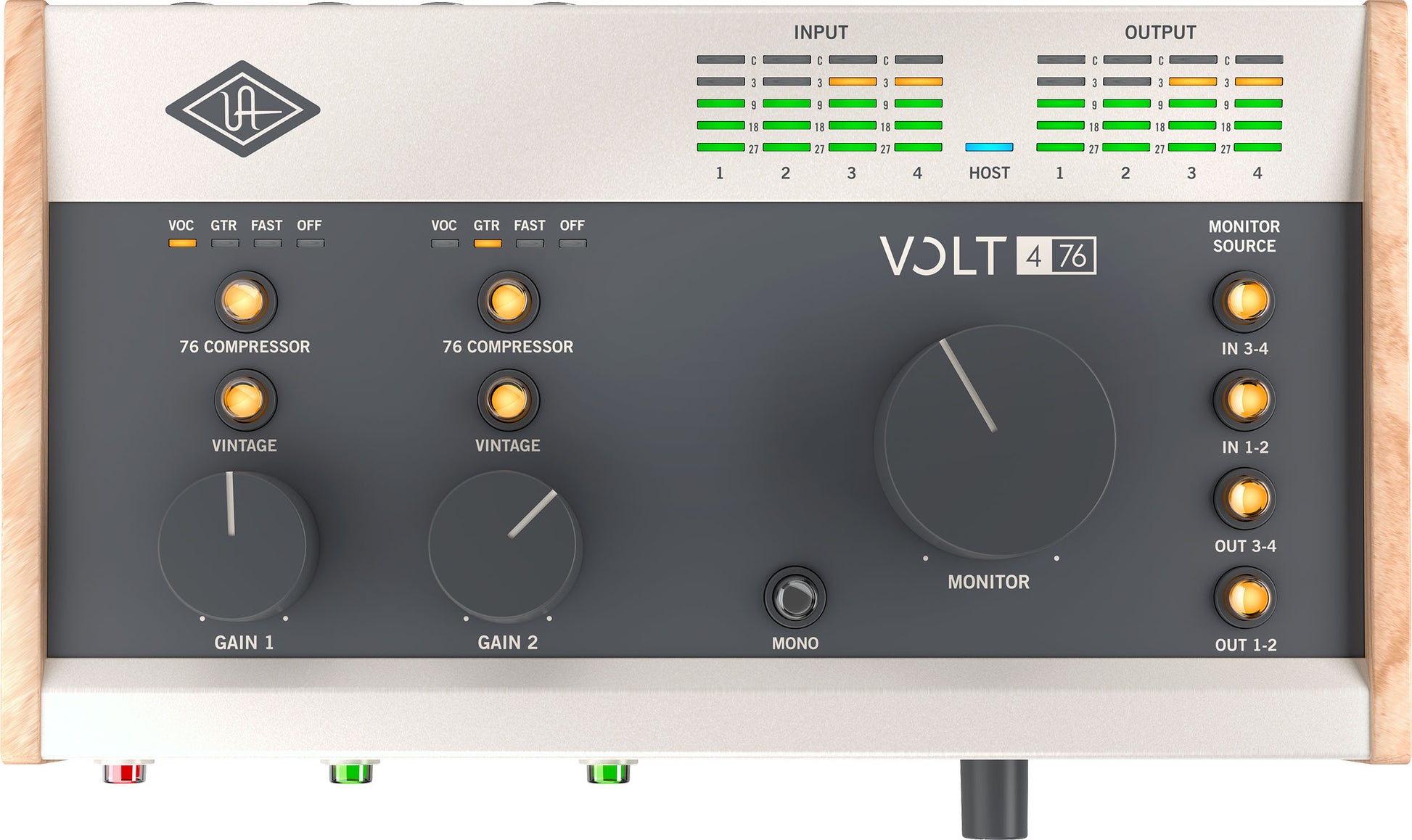 Audio interface with 'Volt 476' branding on a wooden surface