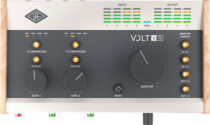 Audio interface with 'Volt 476' branding on a wooden surface