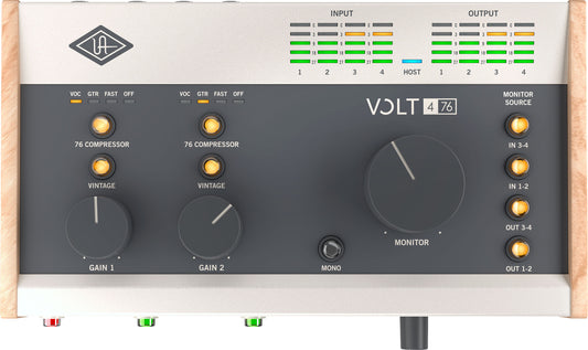 Audio interface with 'Volt 476' branding on a wooden surface