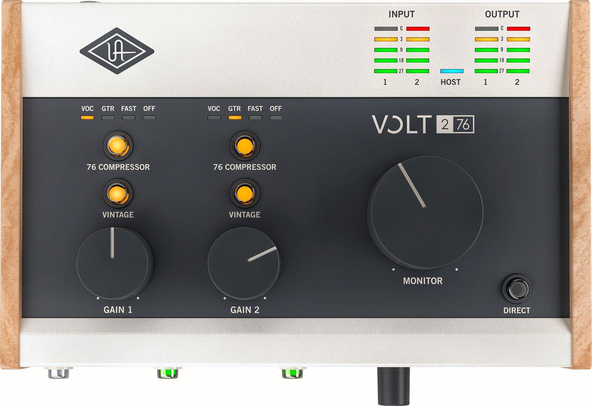 UA Volt 276 top view showing 76 Compressor, Vintage preamp controls, input/output meters, and monitor knob