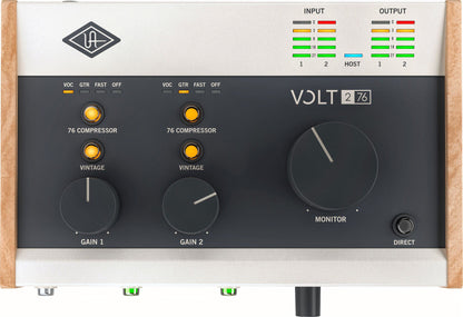 UA Volt 276 top view showing 76 Compressor, Vintage preamp controls, input/output meters, and monitor knob