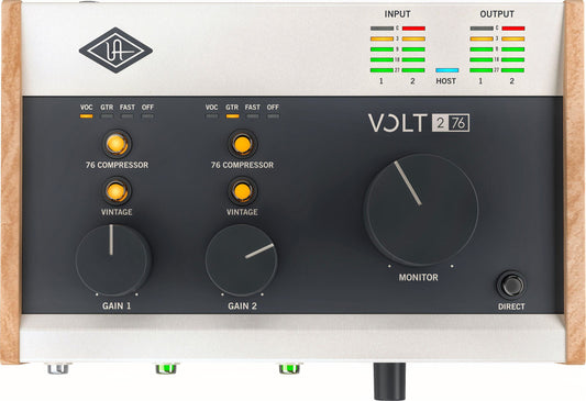 UA Volt 276 top view showing 76 Compressor, Vintage preamp controls, input/output meters, and monitor knob