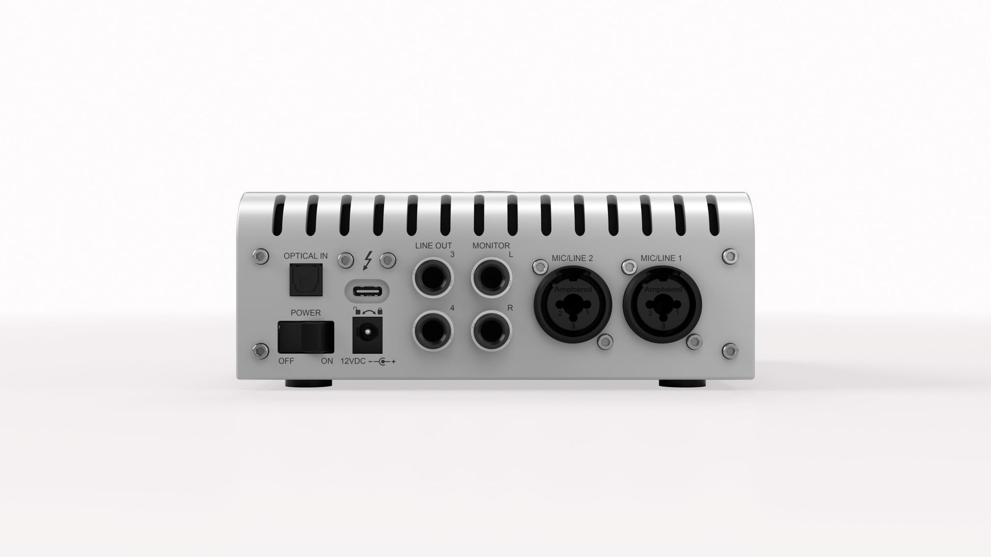 Audio equipment with multiple ports and I/O on a white background